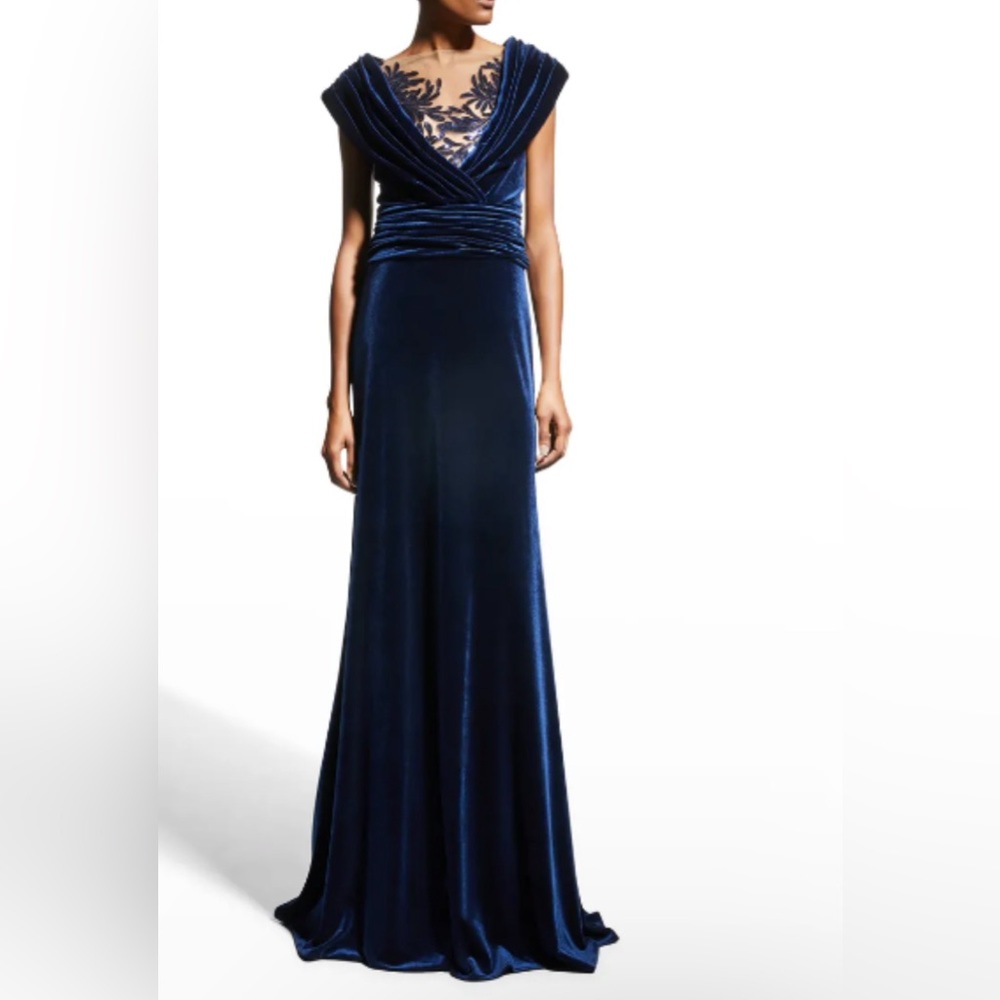 Tadashi Shoji Navy Blue Velvet Lace Oriel Peekaboo Paillette Formal Gown Size L